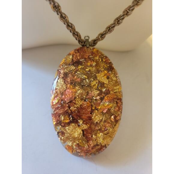other Jewelry - Vintage Estate Necklace Orange Gold‎ flake Cabochon Oval Resin Pendant Jewelry